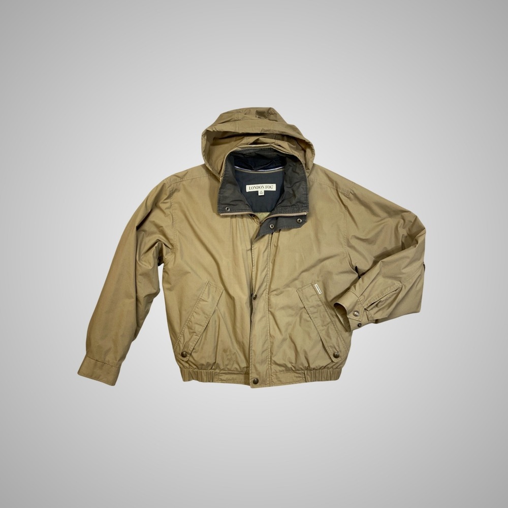 London Fog Mens Tan Khaki Hooded Bomber Jacket Quilted Lining Medium M REG